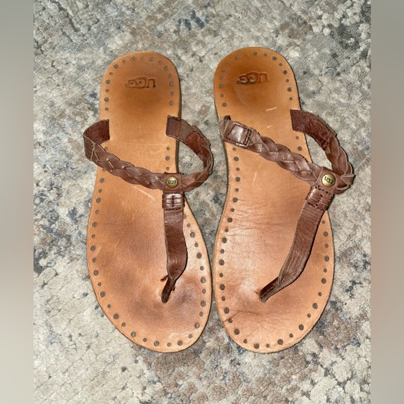 UGG Tan Leather Flip-Flops with Braided Straps size 6.5 - Picture 2 of 2